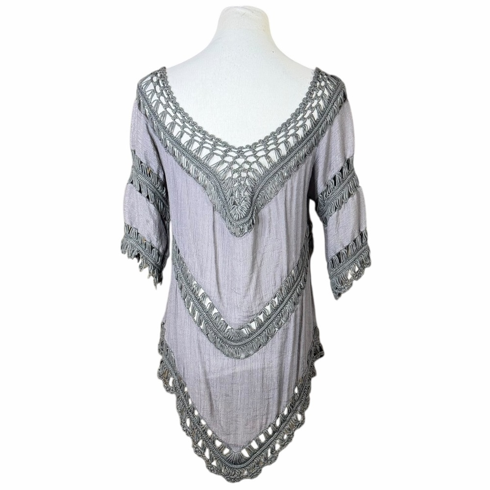 Dreamers Dark Gray Crochet & Gauze Boho Fringe Tunic Blouse - Size Medium - Picture 6 of 14